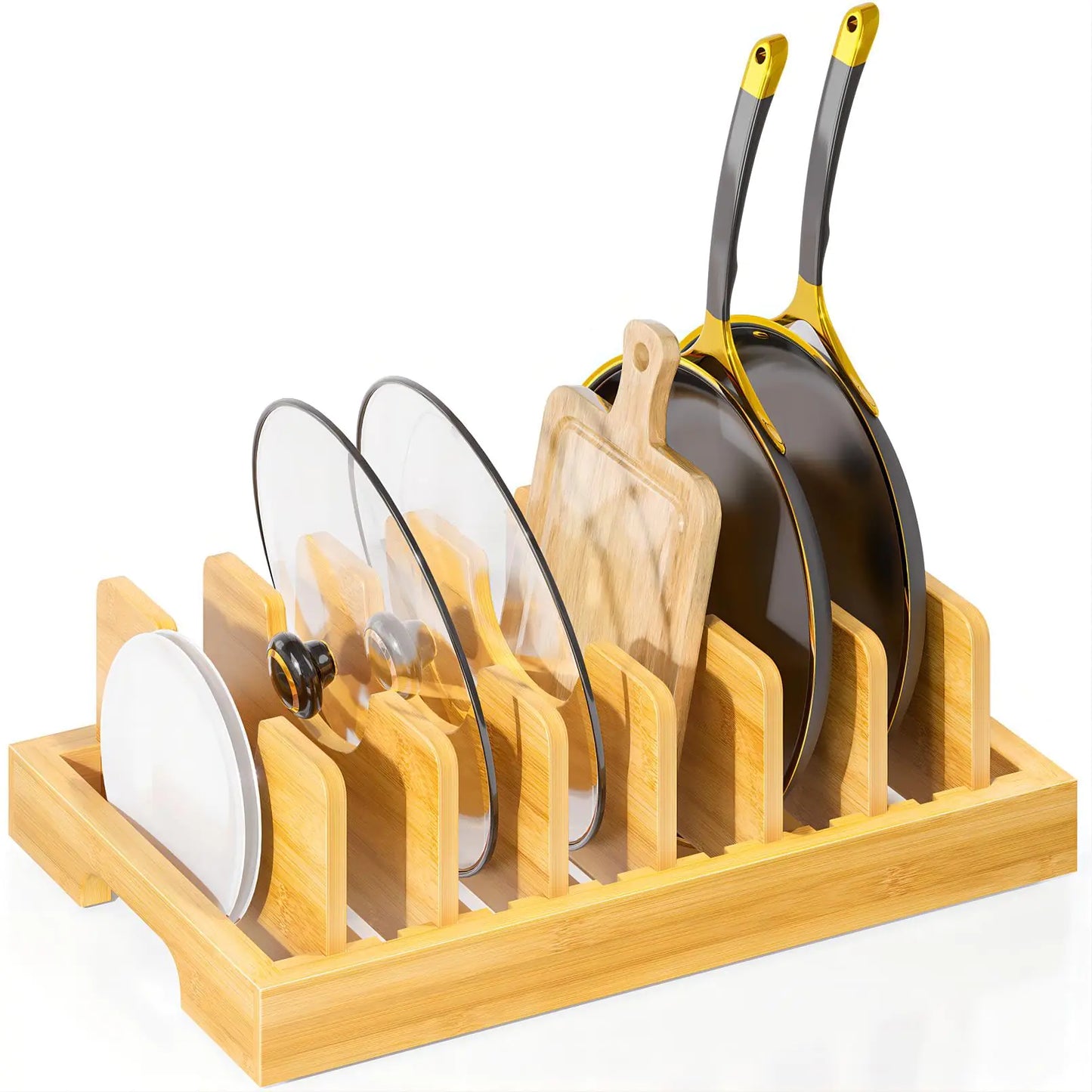 Kiasthome Bamboo Pot and Pan Organizer Pot Lid Organizer Holder Rack for Countertop Drawer Kitchen Cabinet Organizer with 7 Adjustable Dividers for Pots Pans Baking Sheets Cutting Boards Nature