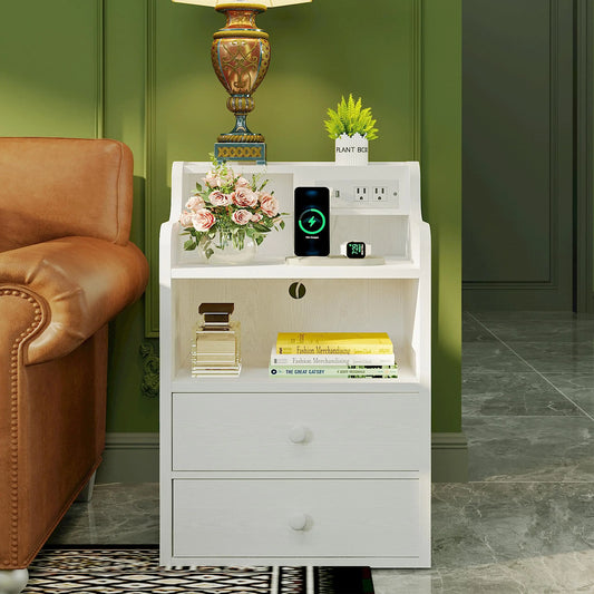 LIKIMIO White Nightstand with Charging Station 2 Drawers and Storage Shelves Left and Right Interchangeable Sockets Bed Side Table Night Stand with Drawer