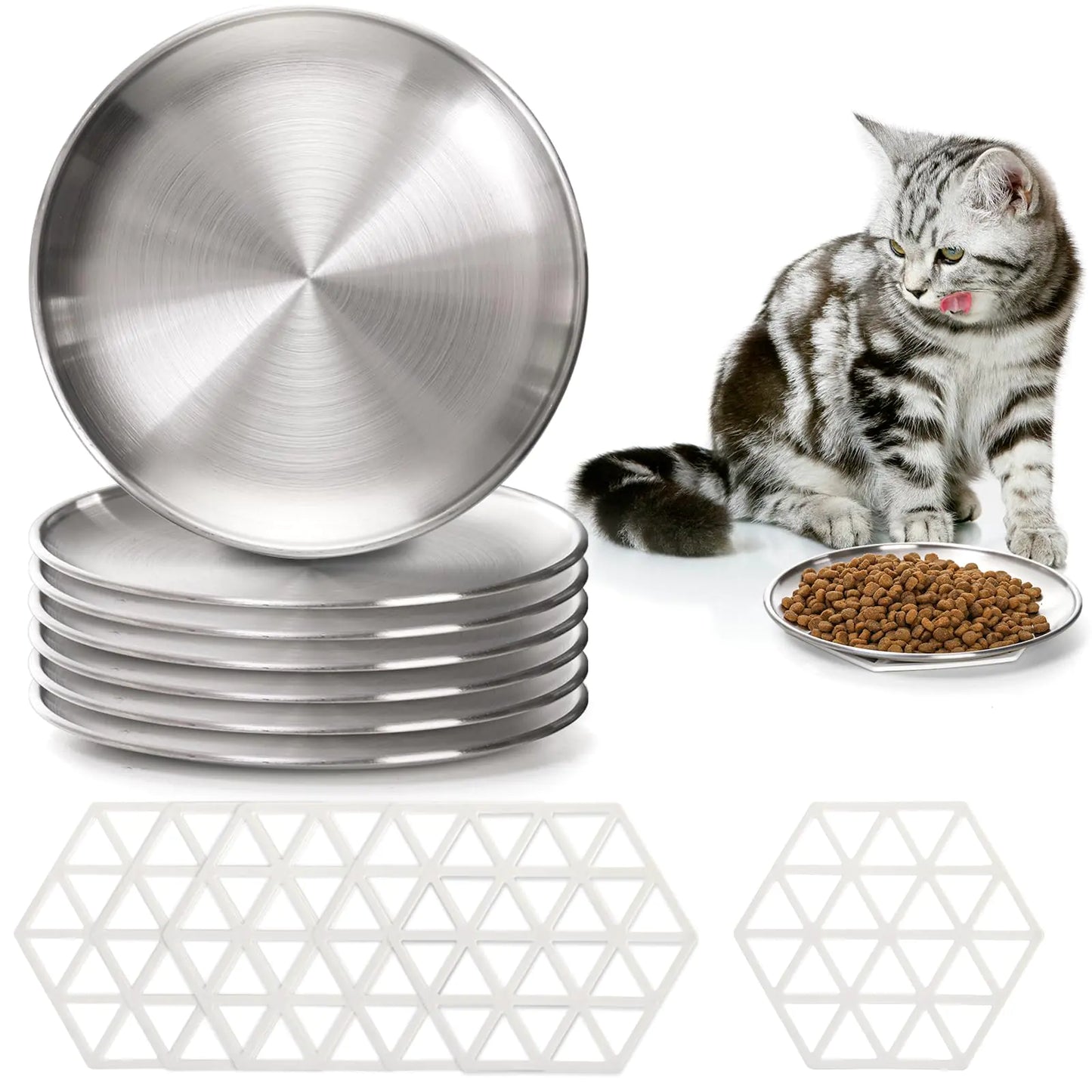 SOUJOY 6 Pieces Stainless Steel Cat Bowl 6.7 Shallow Cat Food Plate with Non-Slip Mat 10 oz Whisker Friendly Wide Pet Dish for Cat and Small Pet to Prevent Whisker Fatigue