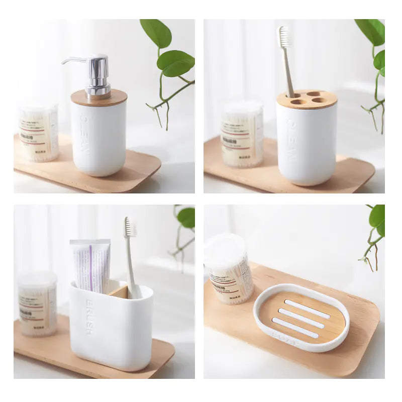 Bamboo Bathroom Toothpaste Holder and Cup Set