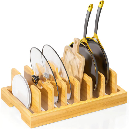 Kiasthome Bamboo Pot and Pan Organizer Pot Lid Organizer Holder Rack for Countertop Drawer Kitchen Cabinet Organizer with 7 Adjustable Dividers for Pots Pans Baking Sheets Cutting Boards Nature