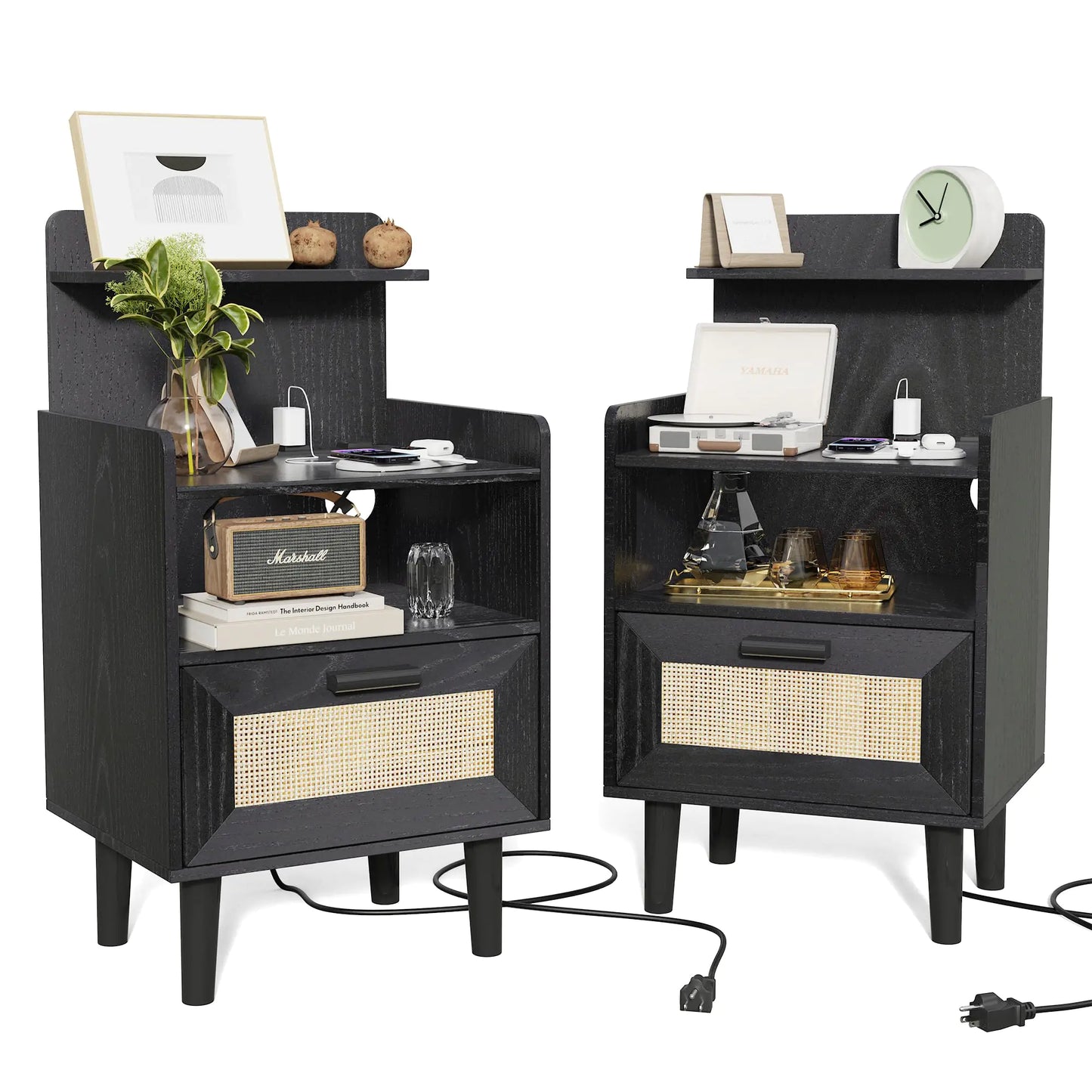 Hiwelldas Rattan Nightstand Set of 2 Night Stands with Charging Station & Rattan Decor Drawer Boho Accent Bedside End Tables with Solid Wood Feet for Bedroom Living Room (Black)