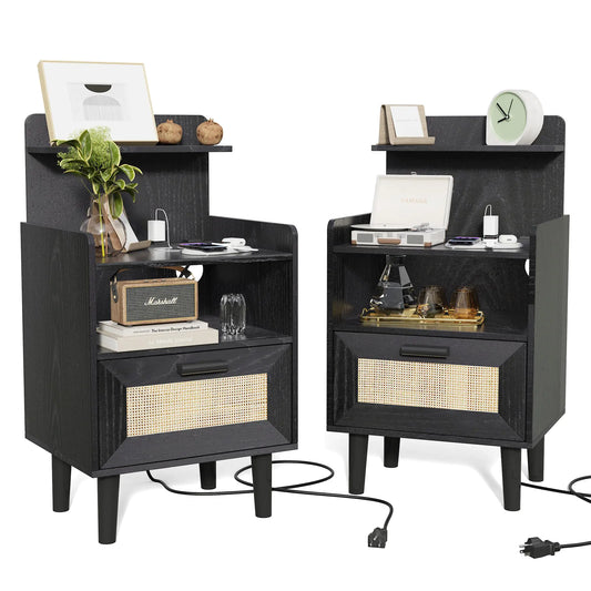 Hiwelldas Rattan Nightstand Set of 2 Night Stands with Charging Station & Rattan Decor Drawer Boho Accent Bedside End Tables with Solid Wood Feet for Bedroom Living Room (Black)