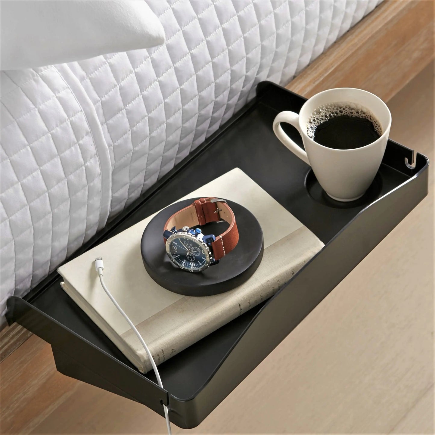 Modern Innovations Bedside Shelf for Bed College Dorm Room Top Bunk Clip On Nightstand Tray with Cord and Cup Holder Bunkbed Caddy for Table Storage (Black)