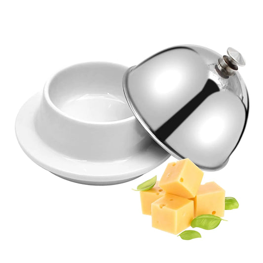 EATAKWARD Ceramic Butter Dish with Stainless Dome Cover Cheese Dish with Lid Small Cheese Plate Serving Tray with Silver Handled Lid for Countertop Dessert Cupcake Cream Cake Appetizer