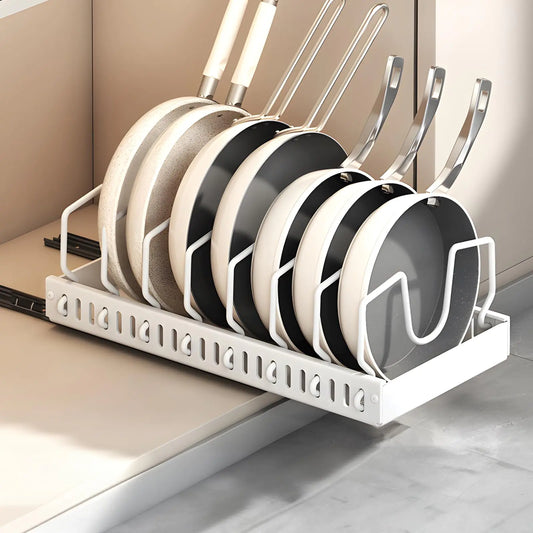 SJTOEB Pull Out Pots and Pans Organizer for Under CabinetPull Out Cabinet Organizer for Pot and Pan Storage Pot Lid Organizer and holder with Adjustable Dividers (white 8 dividers)