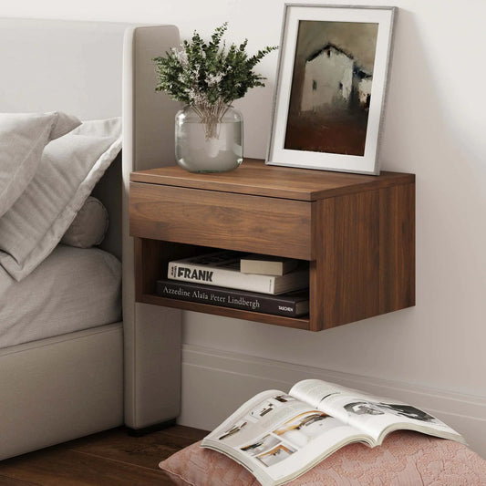Nathan James Jackson Wall Mounted Floating Bedroom Nightstand with Storage Drawer and Modern Open Shelf Cubby Dark Brown Walnut